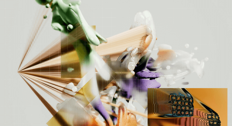 Abstrakcyjna grafika AI i technologii cyfrowej z płynnymi kształtami, geometrycznymi wzorami i elementami inspirowanymi danymi, symbolizująca innowacje i postęp technologiczny.