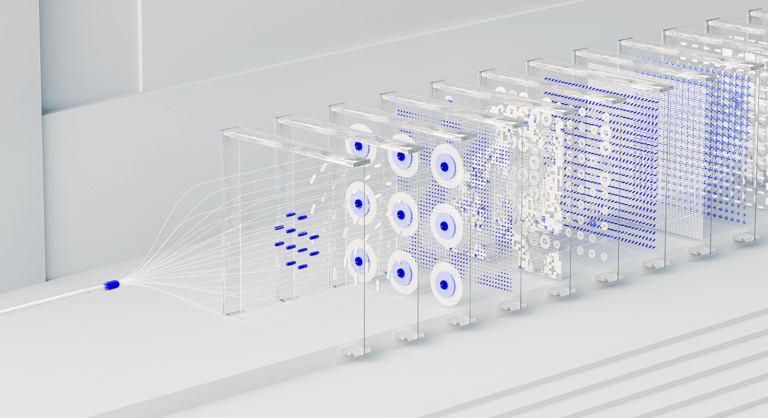 Abstrakcyjna wizualizacja przepływu danych z przezroczystymi panelami i niebieskimi punktami, symbolizująca przetwarzanie danych AI, warstwy uczenia maszynowego i analizę informacji. Obniżenie Kosztów Dzięki AI.