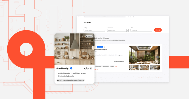 Platforma Proplo – interfejs łączący architektów wnętrz z klientami, umożliwiający przegląd projektów wnętrz, ocenę specjalistów i wybór stylu projektowania